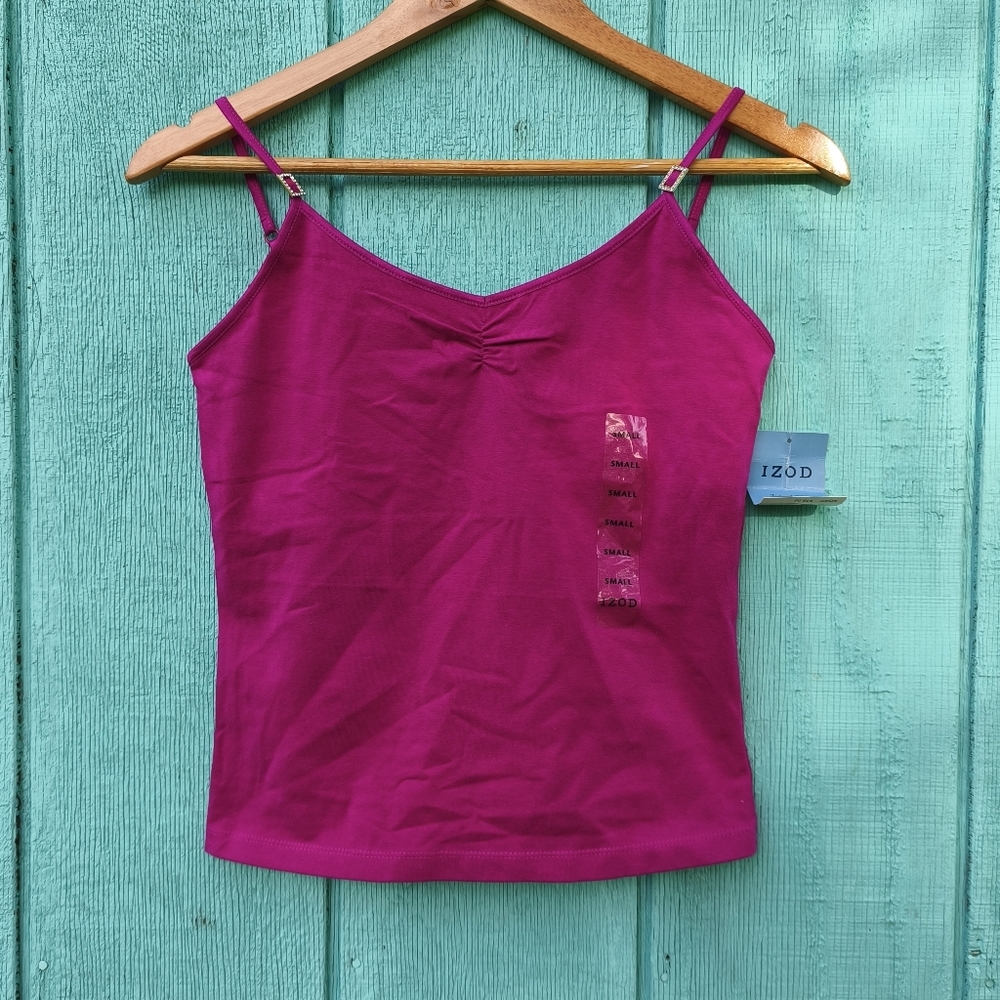 NWT y2k Izod Cotton Ruched Rhinestone Layering Cami sz S Magenta It Girl Glam